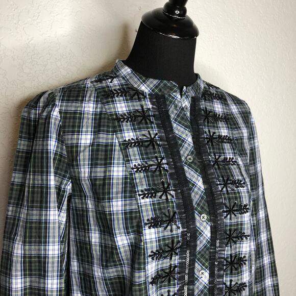 J Crew navy green white plaid beaded trim button down top size Small - Picture 3 of 15